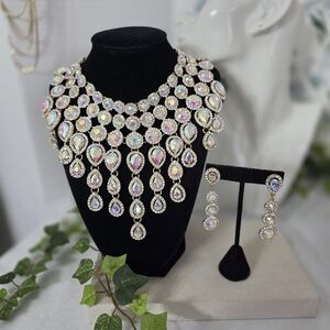 Bold Gold with Iridescent AB Crystal Teardrop Statement Necklace & Earring Set